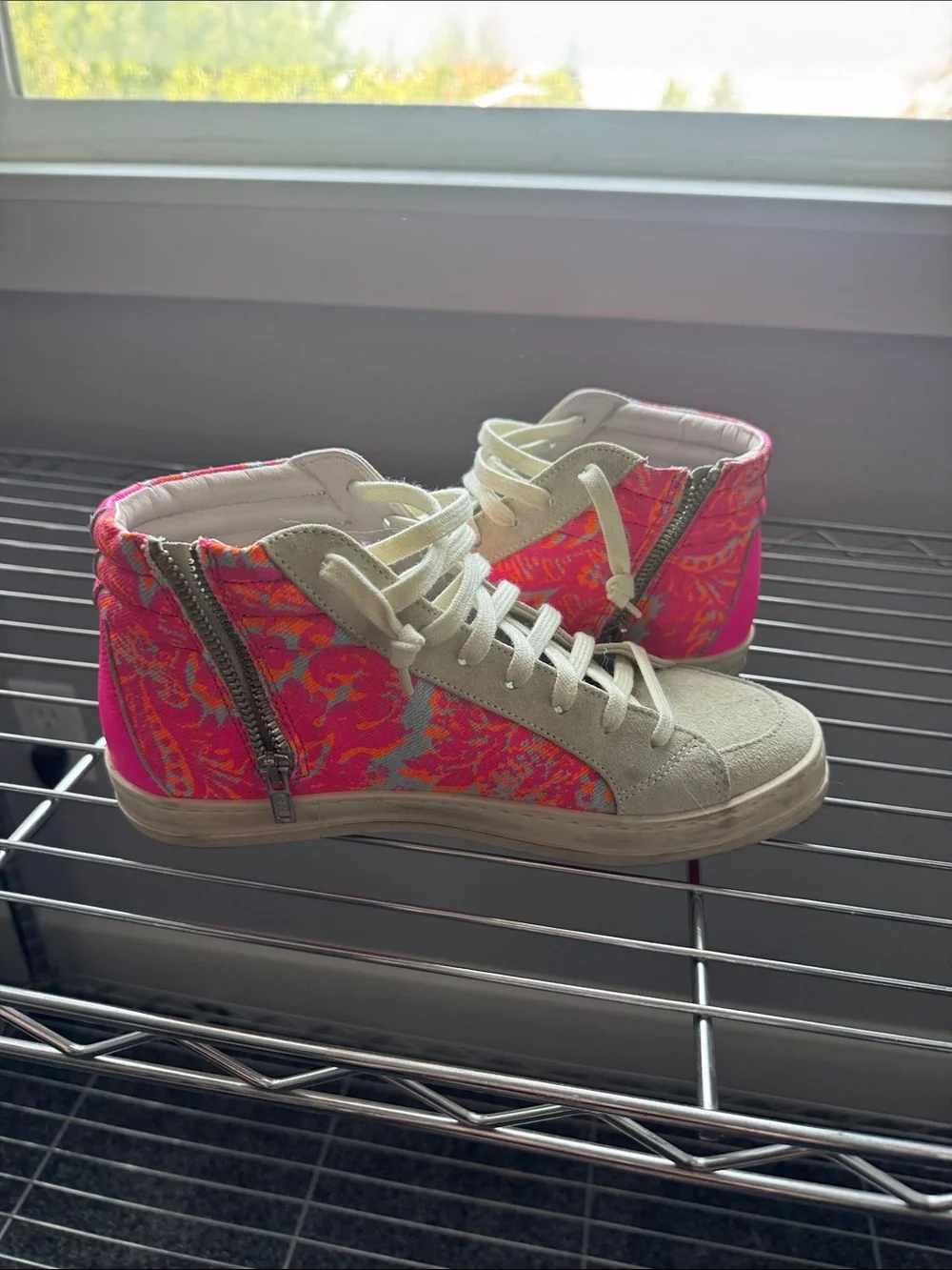 P448 Women's Cream High-Top Sneakers with Pink Floral Panels